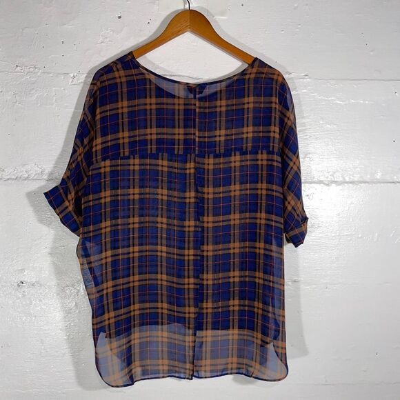 TopShop Plaid Oversized Sheer Blouse Women’s Size US 8 UK 12 Short Sleeve - Picture 6 of 9